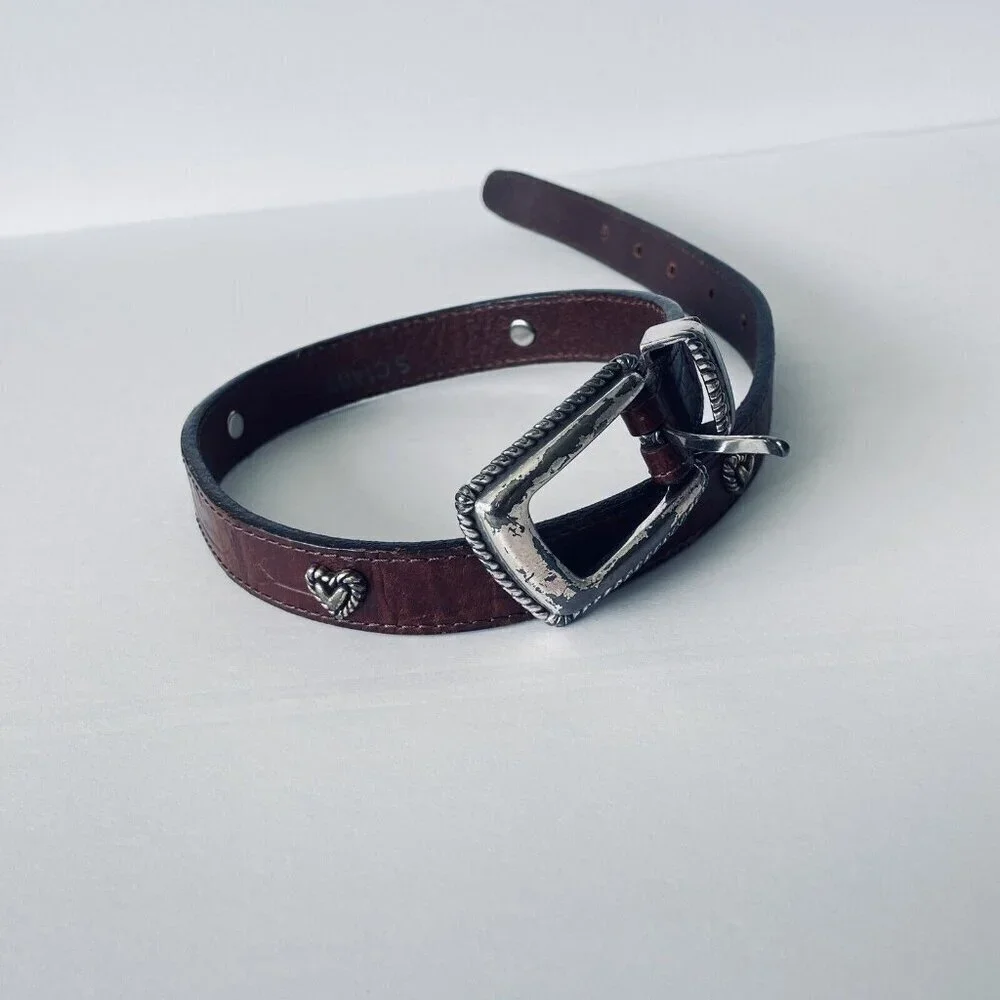 Brighton Kids Brown Leather Belt 27 Inches Silver Toned Buckle and Heart Conchos